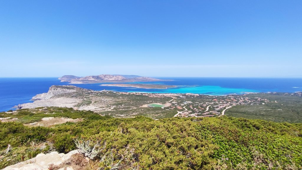 Blick vom Torre del Falcone über die Bucht von La Pelosa bis zur Insel und Nationalpark Asinara